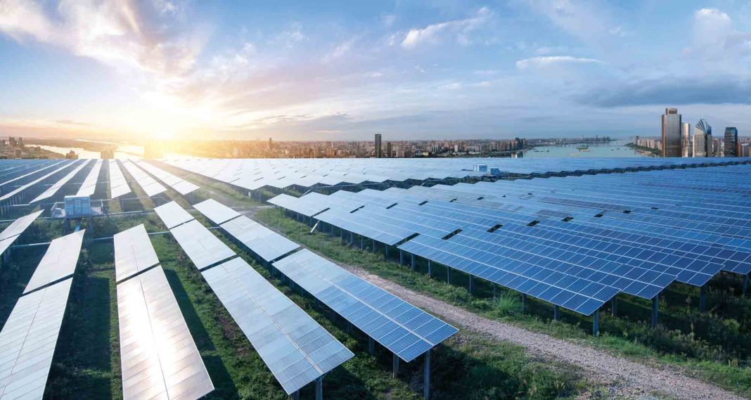 solar-panels-field-renewable-energy-cityscape-background